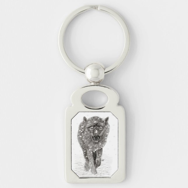 Angry Black Wolf in the Snow , wild Winter Key Ring (Front)