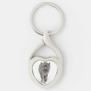 Angry Black Wolf in the Snow , wild Winter Key Ring
