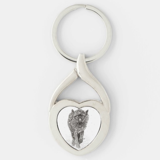 Angry Black Wolf in the Snow , wild Winter Key Ring (Front)
