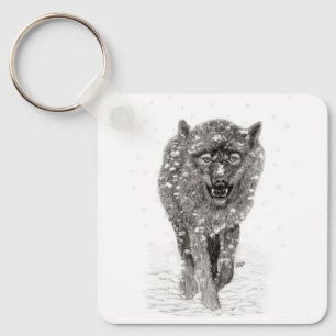 Angry Black Wolf in the Snow , wild Winter Key Ring