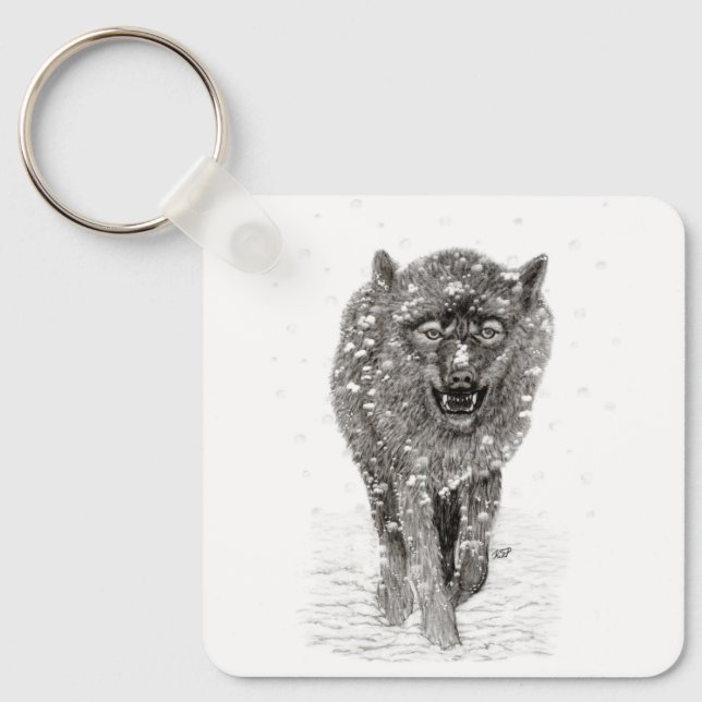 Angry Black Wolf in the Snow , wild Winter Key Ring (Front)