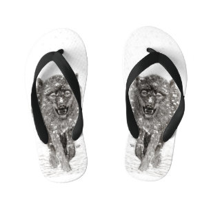 Angry Black Wolf in the Snow , wild Winter Kid's Jandals