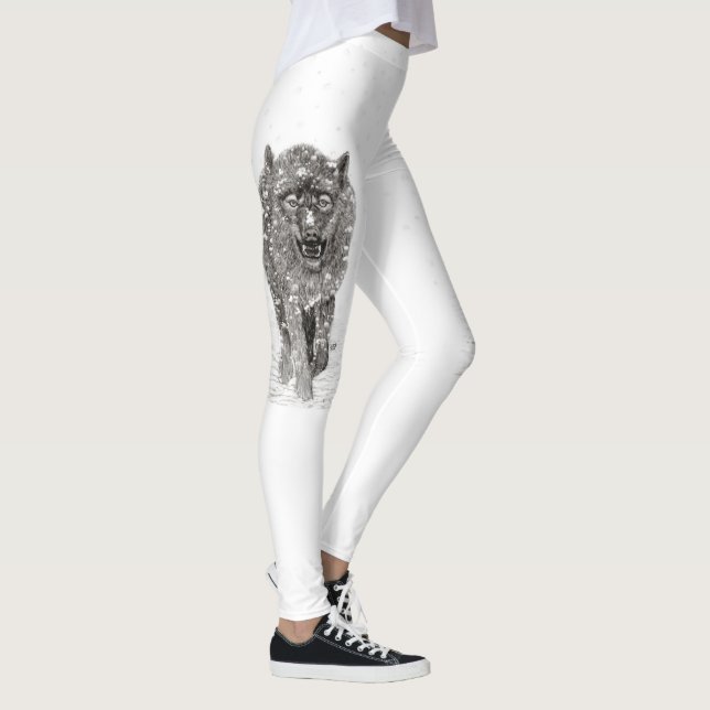 Angry Black Wolf in the Snow , wild Winter Leggings (Right)