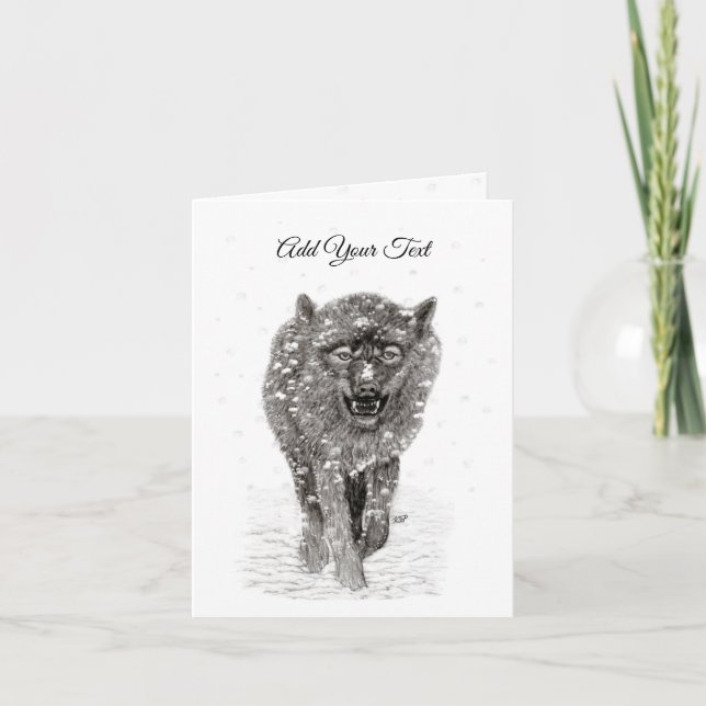 Angry Black Wolf in the Snow , wild Winter Note Card (Front)