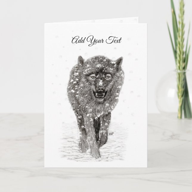 Angry Black Wolf in the Snow , wild Winter Note Card (Front)