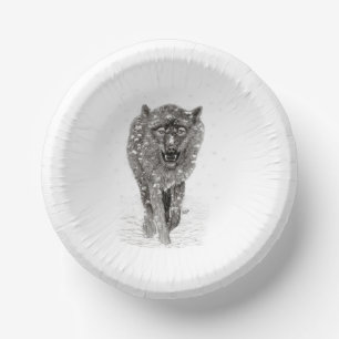Angry Black Wolf in the Snow , wild Winter Paper Plate