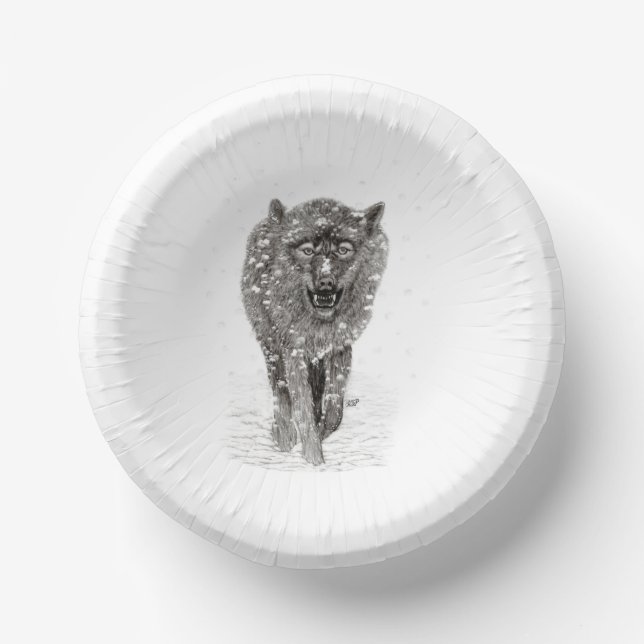 Angry Black Wolf in the Snow , wild Winter Paper Plate (Front)