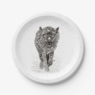 Angry Black Wolf in the Snow , wild Winter Paper Plate