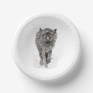 Angry Black Wolf in the Snow , wild Winter Paper Plate