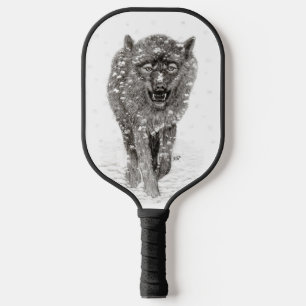Angry Black Wolf in the Snow , wild Winter Pickleball Paddle