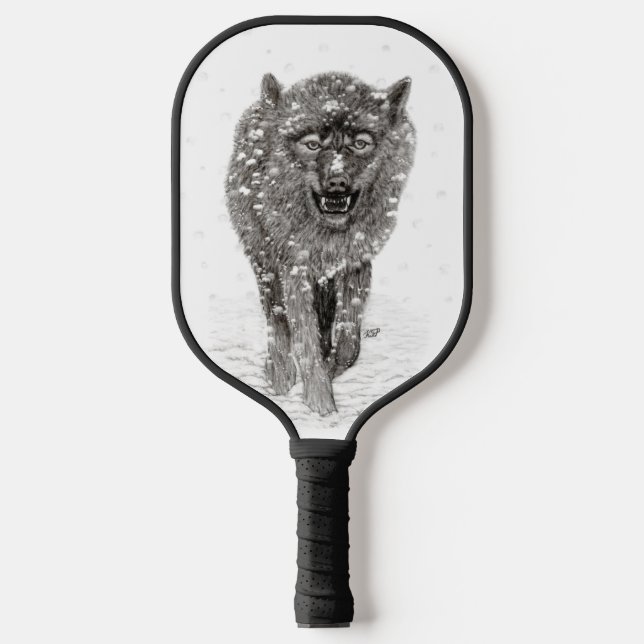 Angry Black Wolf in the Snow , wild Winter Pickleball Paddle (Front)