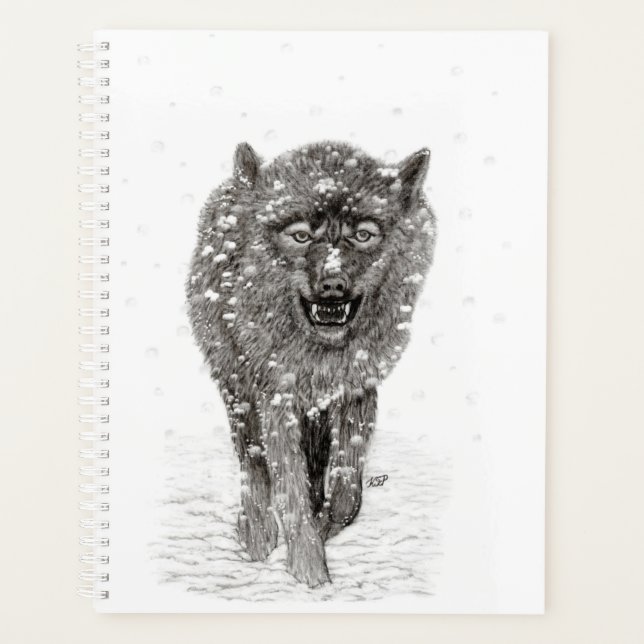 Angry Black Wolf in the Snow , wild Winter Planner (Front)