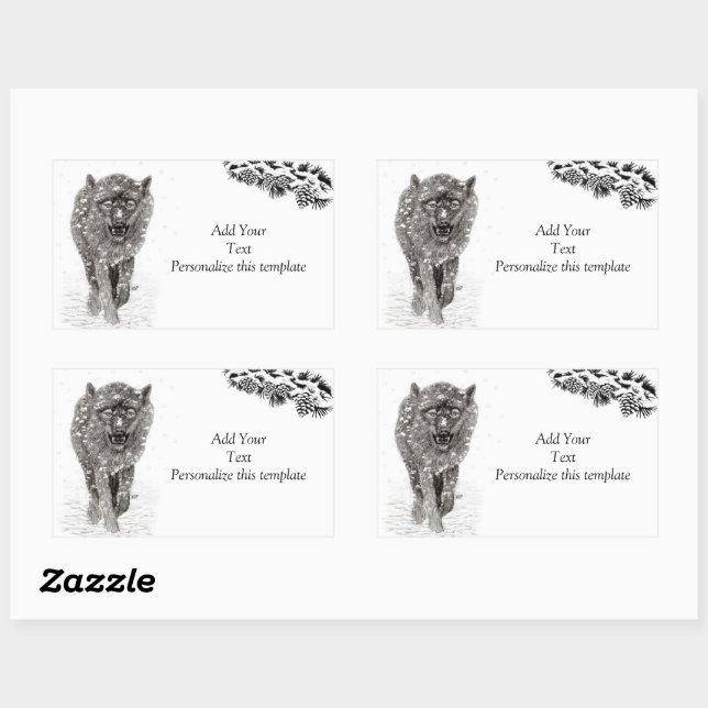 Angry Black Wolf in the Snow , wild Winter Rectangular Sticker (Sheet)