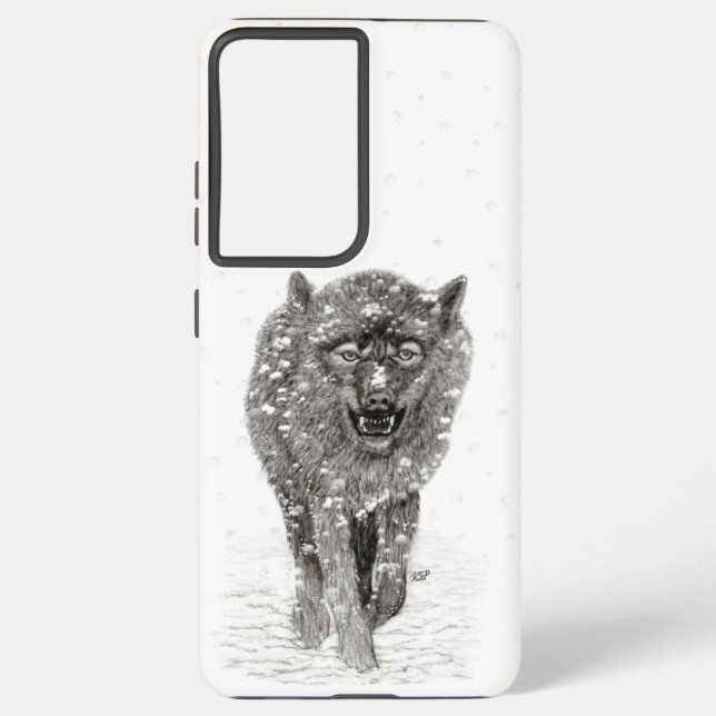 Angry Black Wolf in the Snow , wild Winter Samsung Galaxy S21+ Case (Back)