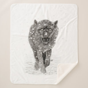 Angry Black Wolf in the Snow , wild Winter Sherpa Blanket