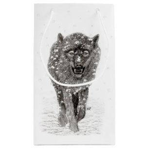 Angry Black Wolf in the Snow , wild Winter Small Gift Bag
