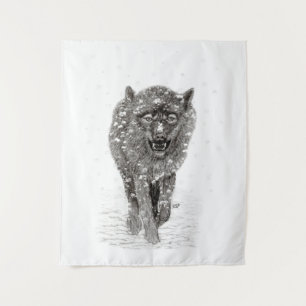 Angry Black Wolf in the Snow , wild Winter Tapestry