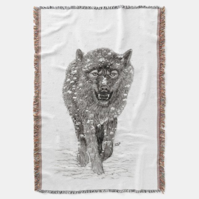 Angry Black Wolf in the Snow , wild Winter Throw Blanket (Front Vertical)