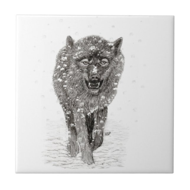Angry Black Wolf in the Snow , wild Winter Tile (Front)