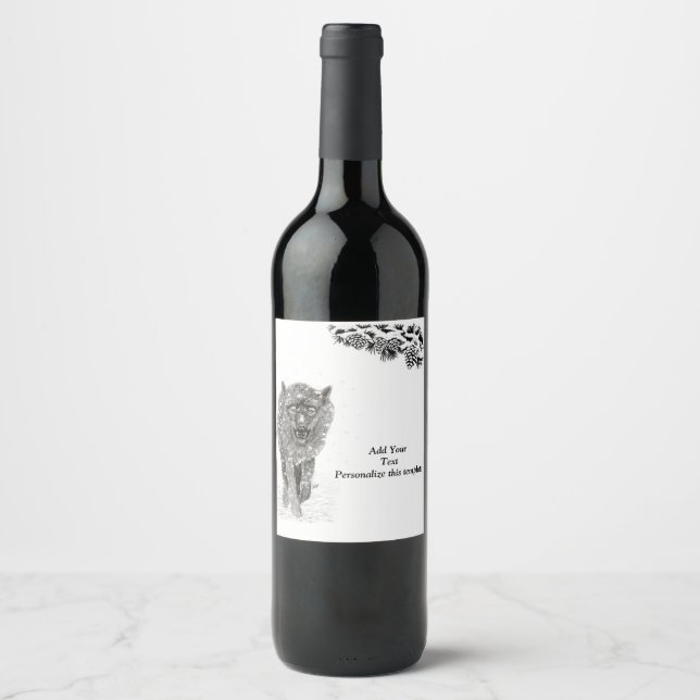 Angry Black Wolf in the Snow , wild Winter Wine Label (Front)