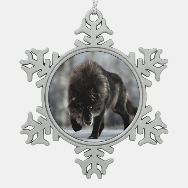 Angry black wolf snowflake pewter christmas ornament (Front)