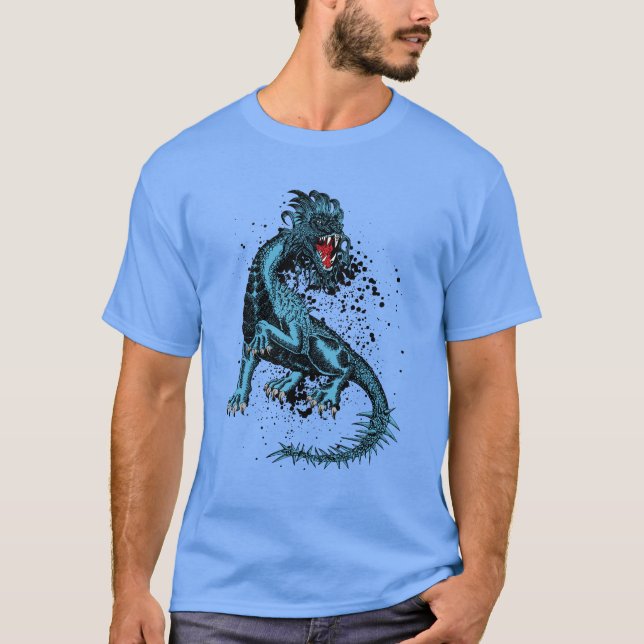 Angry Blue Dragon With Spiked Tail T-Shirt (Front)