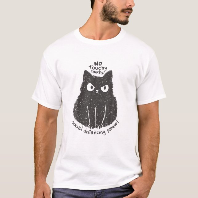Angry Cat Animal Cartoon Social Distancing Please T-Shirt (Front)