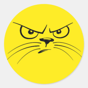Angry Cat Cartoon Face, Yellow Classic Round Sticker