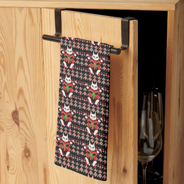 Angry Cat in a Christmas Pattern Cool Christmas Tea Towel (Thirds Fold)