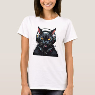 angry cat with headphones cute funny angry cat T-Shirt