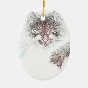 Angry Cute Cate Face Sketch Ceramic Tree Decoration