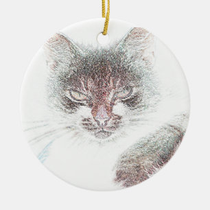 Angry Cute Cate Face Sketch Ceramic Tree Decoration