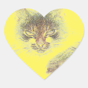 Angry Cute Cate Face Sketch Heart Sticker