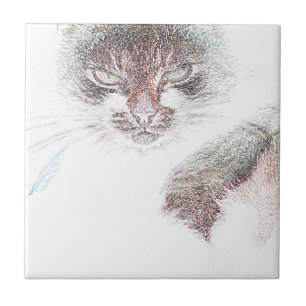 Angry Cute Cate Face Sketch Tile