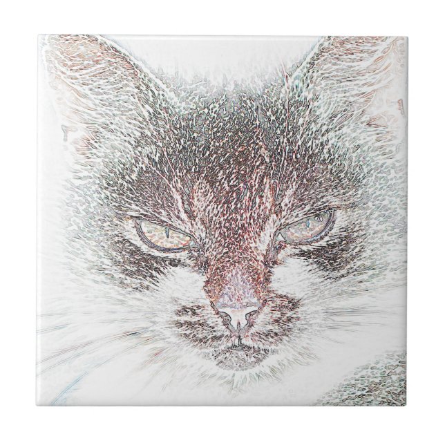 Angry Cute Cate Face Sketch Tile (Front)
