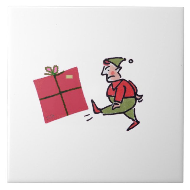 Angry Elf white large ceramic tile (Front)