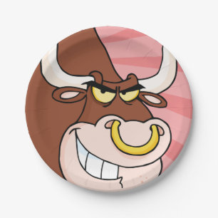 Angry Fierce Bull Mascot with Nose Ring Paper Plate