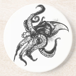 Angry Giant Squid in Black Coaster