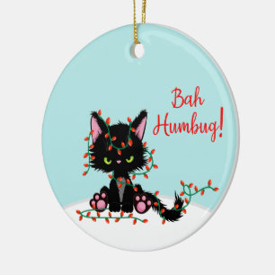 Angry Kitty Tangled Up In Lights Ceramic Tree Decoration
