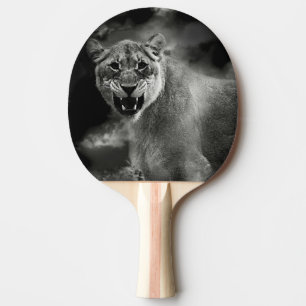 Angry lion in black and white ping pong paddle