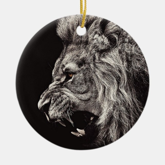 Angry Male Lion Ceramic Tree Decoration (Front)
