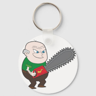 Angry man with chainsaw cartoon key ring
