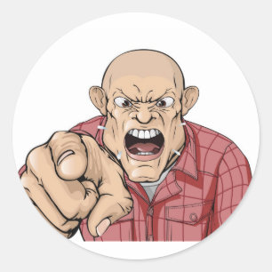 Angry man with shaved head shouting and pointing classic round sticker