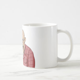 Angry man with shaved head shouting and pointing coffee mug