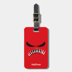 Angry Monster With Evil Eyes and Sharp Teeth Red Luggage Tag