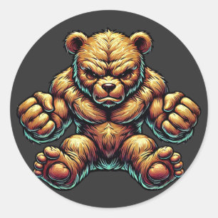 Angry Muscular Teddy bear colour illustration art  Classic Round Sticker