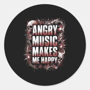 Angry Music Makes Me Happy Heavy Metal Skull Rock  Classic Round Sticker