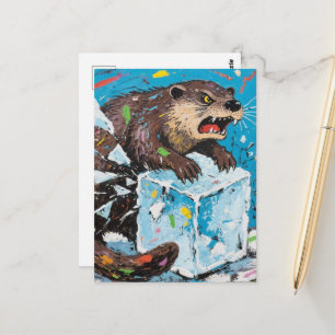 Angry otter breaking an ice block  postcard