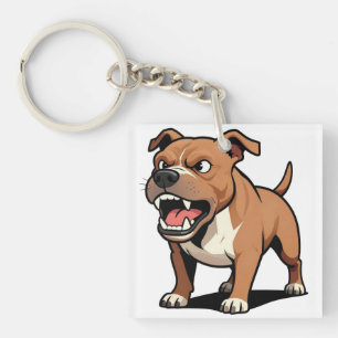 Angry Pitbull Cartoon Dog Brown Snarling Key Ring