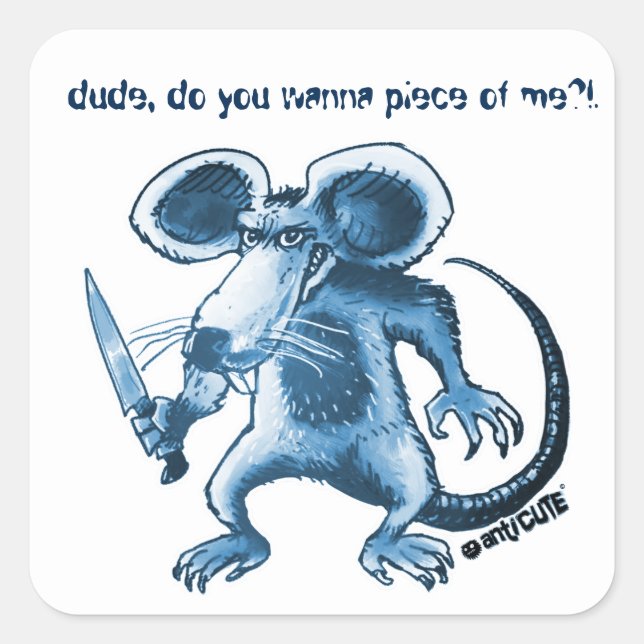 angry rat with knife blue square sticker (Front)